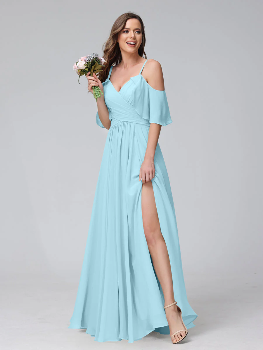 A-Line V-Neck Chiffon Long Bridesmaid Dresses With Split Side & Spaghetti Straps - Image 49