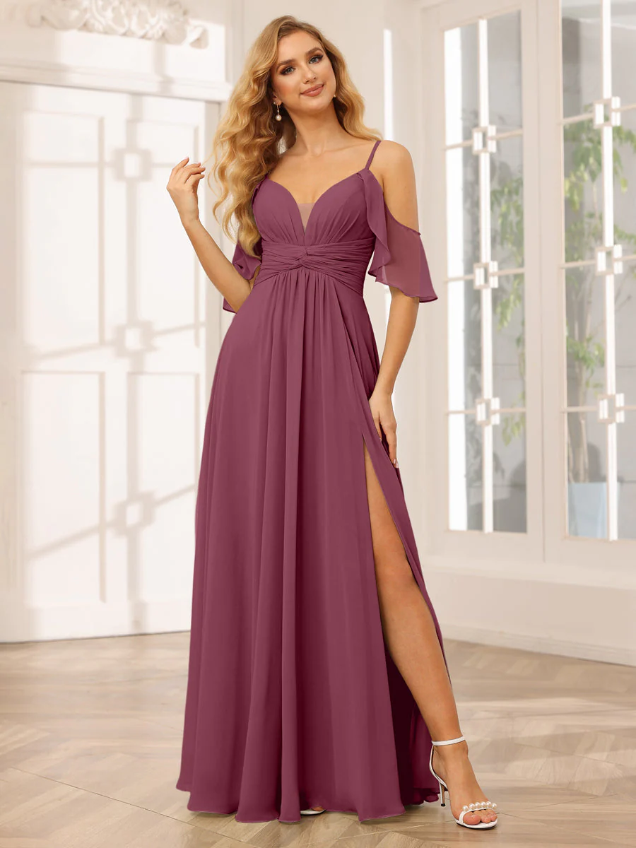 A-Line/Princess Spaghetti Straps V-Neck Long Bridesmaid Dresses with Split Side - Image 43