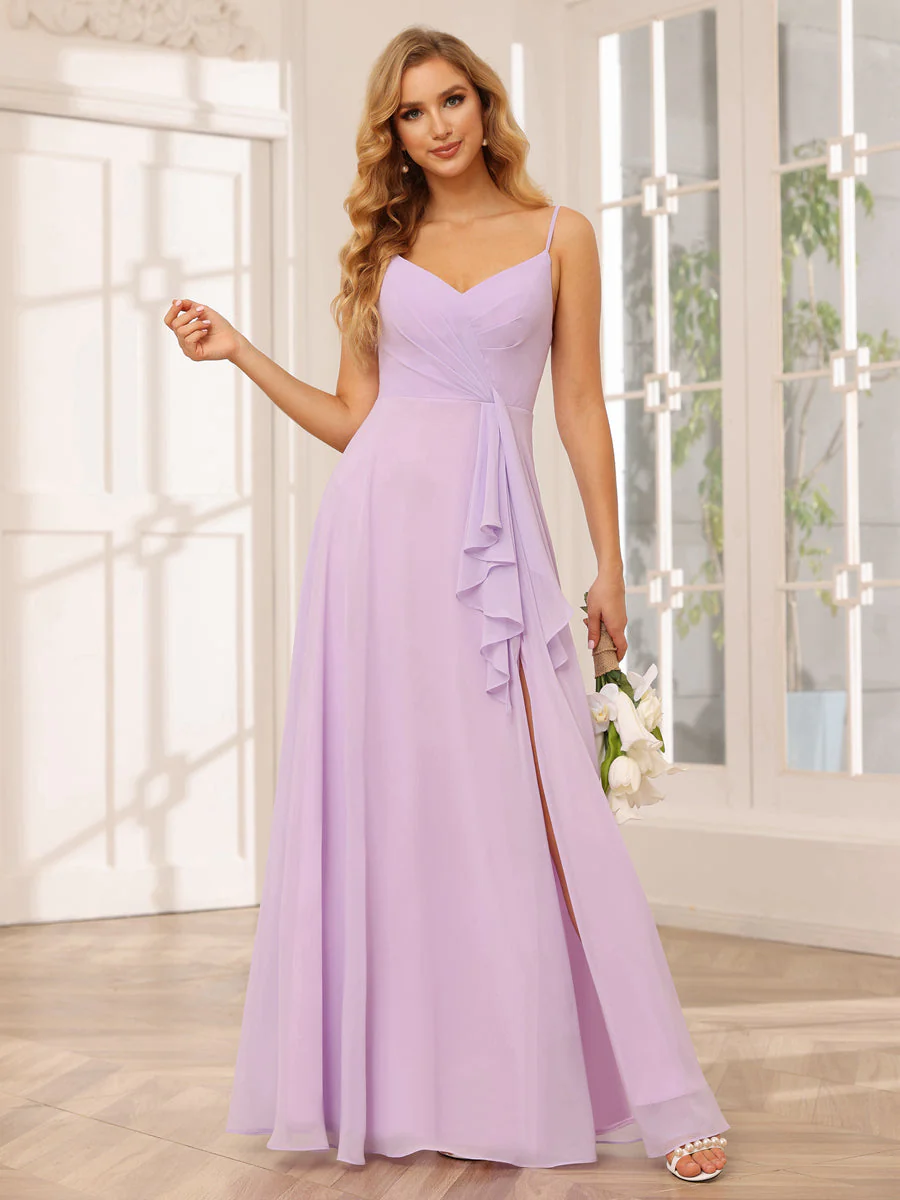 A-Line/Princess Spaghetti Straps V-Neck Long Bridesmaid Dresses with Split Side - Image 4