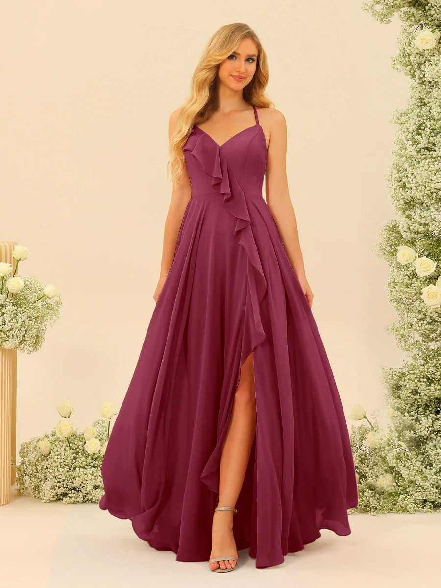 A-Line/Princess Spaghetti Straps V-Neck Long Bridesmaid Dresses with Split Side & Ruffles - Image 36