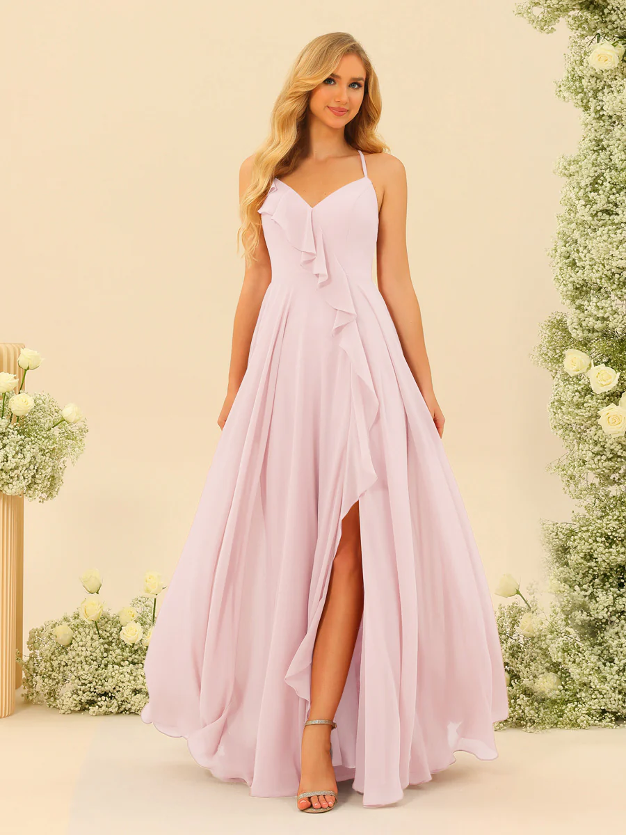 A-Line/Princess Spaghetti Straps V-Neck Long Bridesmaid Dresses with Split Side & Ruffles - Image 38