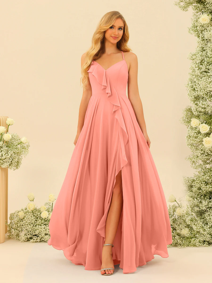 A-Line/Princess Spaghetti Straps V-Neck Long Bridesmaid Dresses with Split Side & Ruffles - Image 64