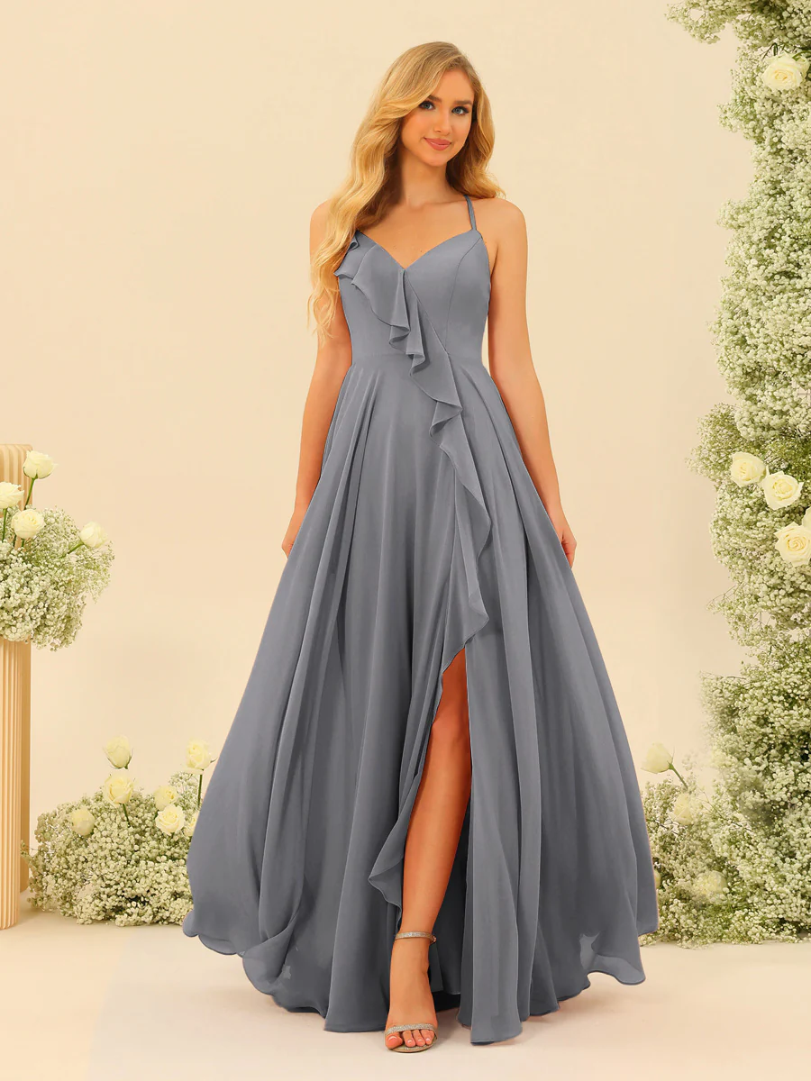 A-Line/Princess Spaghetti Straps V-Neck Long Bridesmaid Dresses with Split Side & Ruffles - Image 66