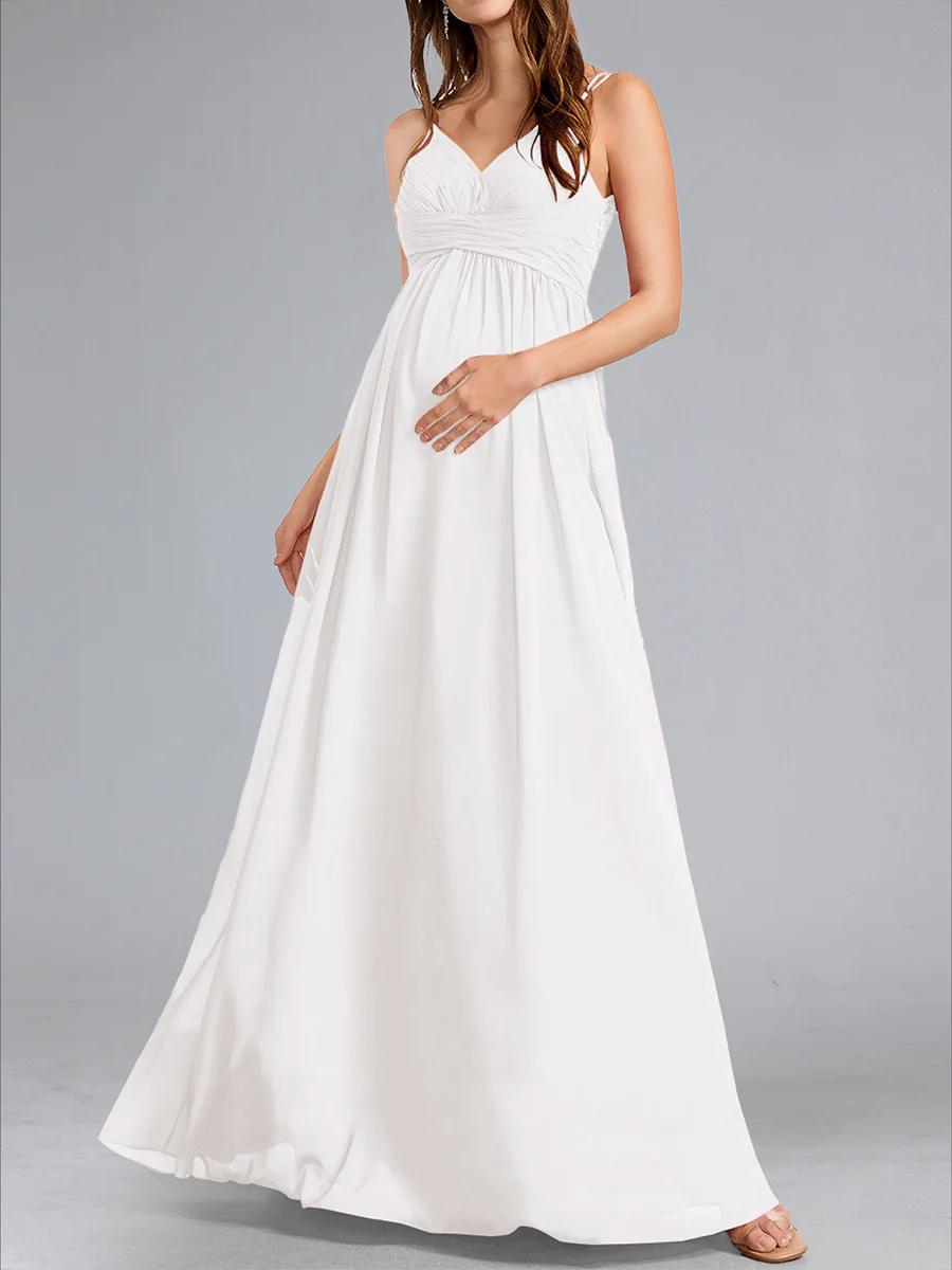 A-Line/Princess Spaghetti Straps V-Neck Ruched Baby Shower Wedding Dresses with Pleats & Appliques - Image 4