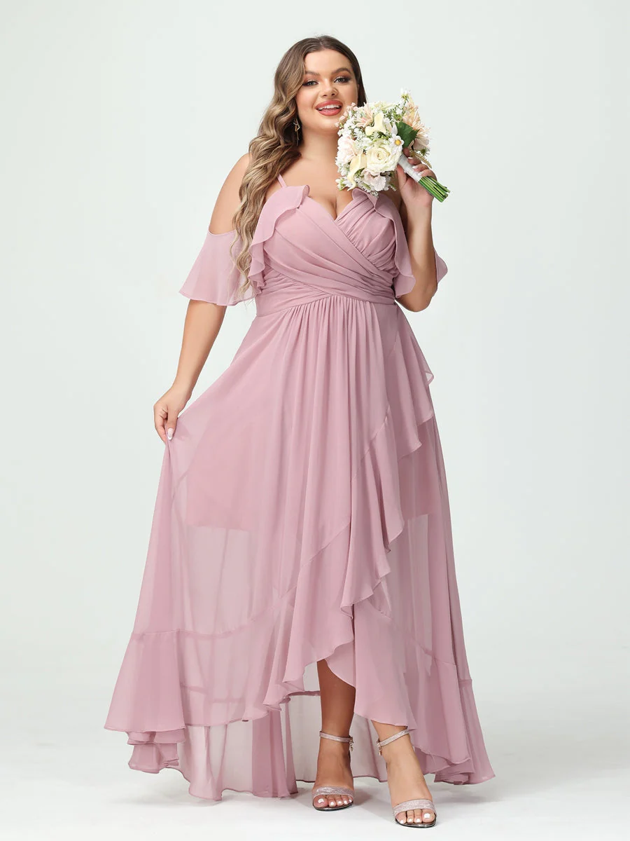 A-Line/Princess Spaghetti Straps V-Neck Short Sleeves Chiffon Ruffles Asymmetrical Plus Size Bridesmaid Dresses - Image 3