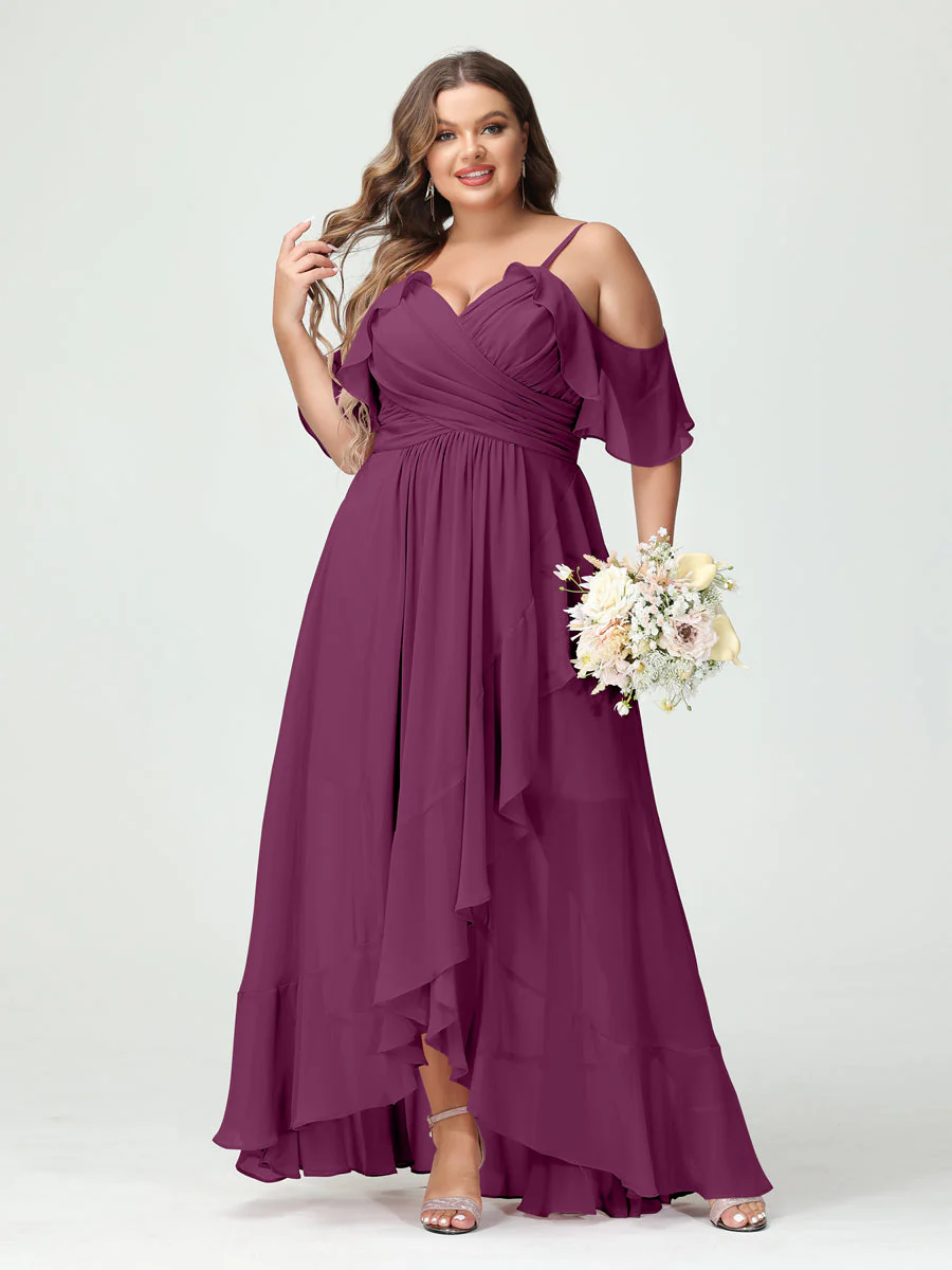 A-Line/Princess Spaghetti Straps V-Neck Short Sleeves Chiffon Ruffles Asymmetrical Plus Size Bridesmaid Dresses - Image 44