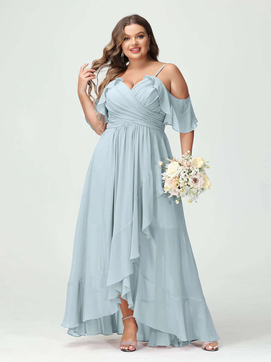 A-Line/Princess Spaghetti Straps V-Neck Short Sleeves Chiffon Ruffles Asymmetrical Plus Size Bridesmaid Dresses - Image 47