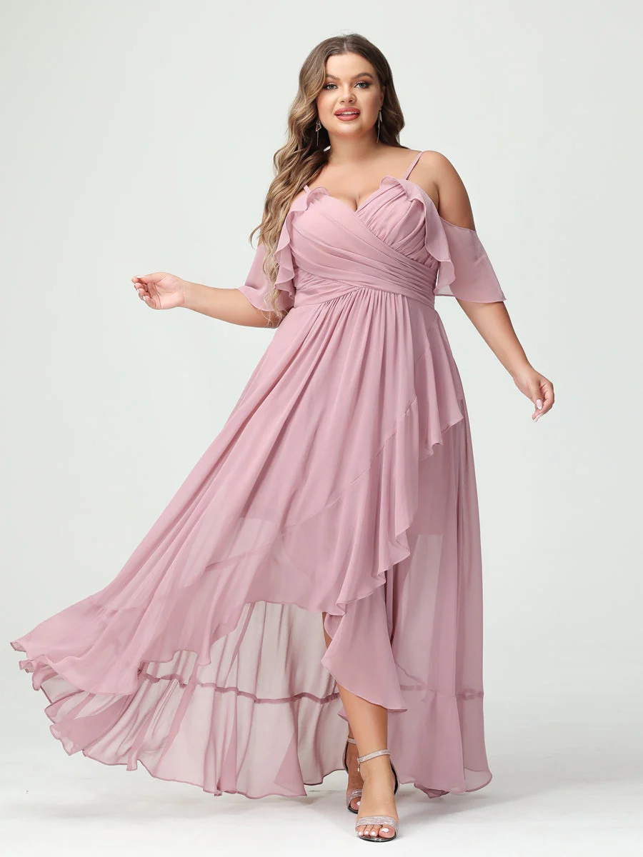 A-Line/Princess Spaghetti Straps V-Neck Short Sleeves Chiffon Ruffles Asymmetrical Plus Size Bridesmaid Dresses - Image 5