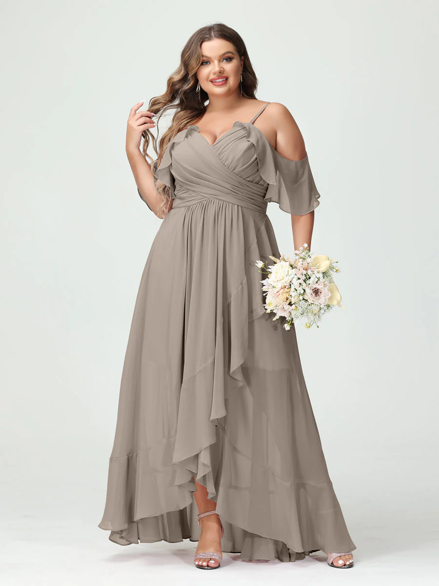 A-Line/Princess Spaghetti Straps V-Neck Short Sleeves Chiffon Ruffles Asymmetrical Plus Size Bridesmaid Dresses - Image 73