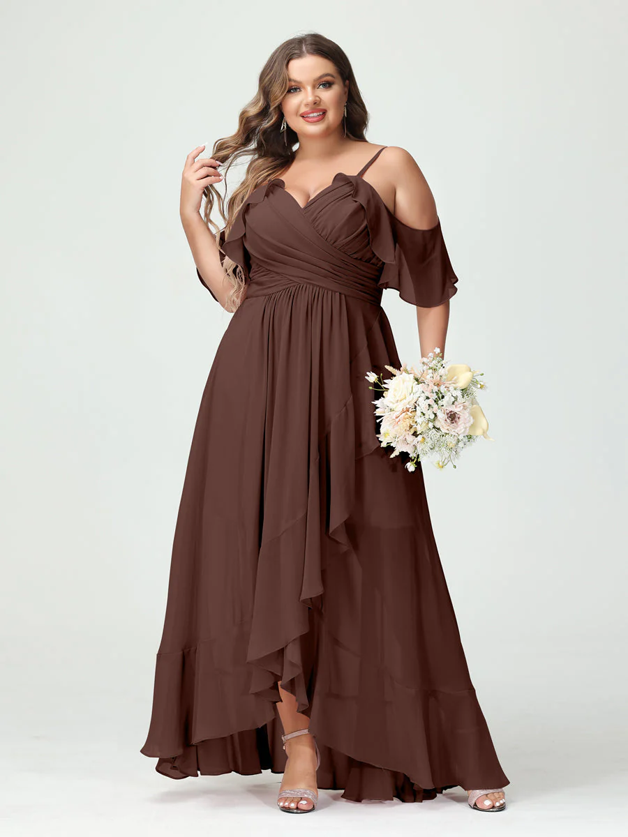 A-Line/Princess Spaghetti Straps V-Neck Short Sleeves Chiffon Ruffles Asymmetrical Plus Size Bridesmaid Dresses - Image 76