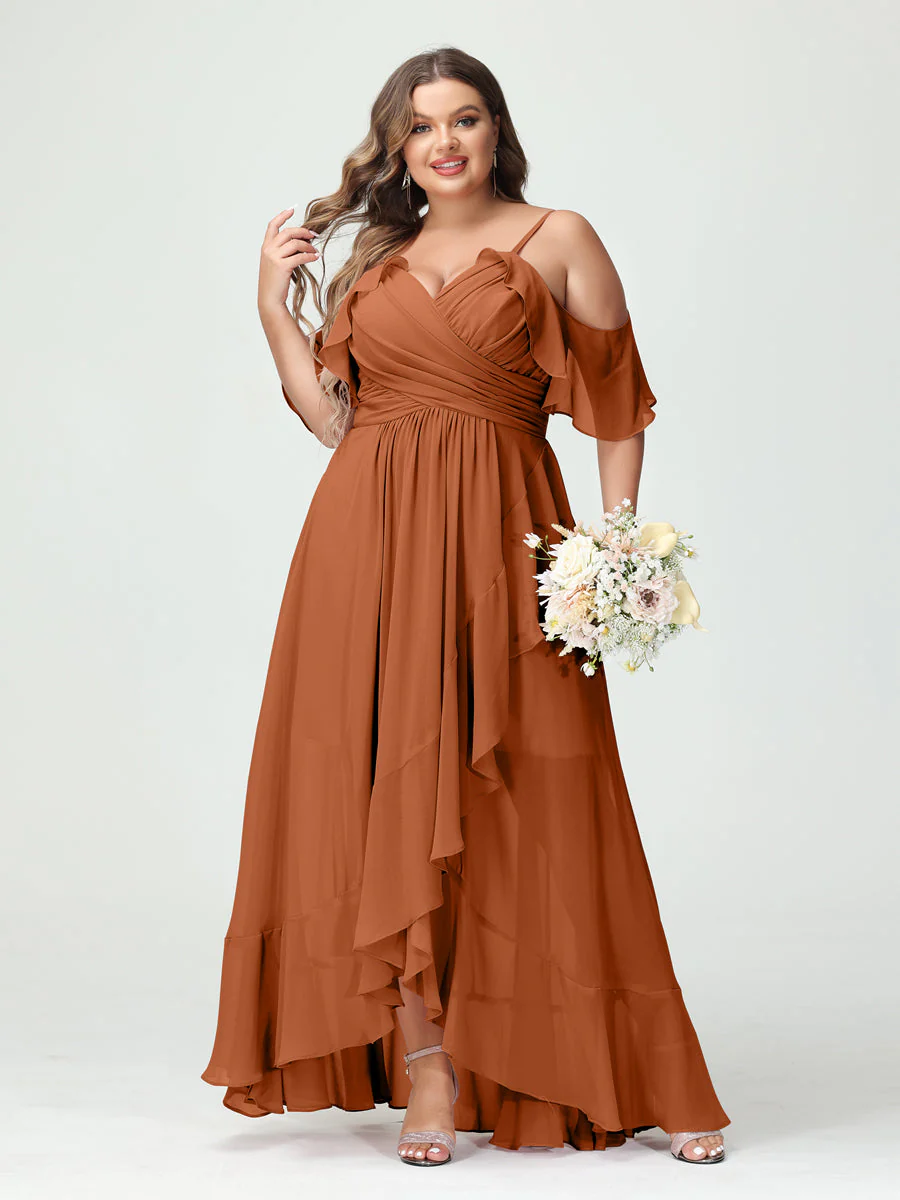 A-Line/Princess Spaghetti Straps V-Neck Short Sleeves Chiffon Ruffles Asymmetrical Plus Size Bridesmaid Dresses - Image 9