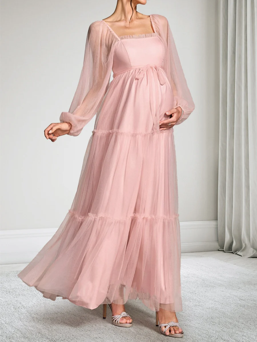 A-Line/Princess Square Neck Ankle-Length Long Sleeves Tulle Baby Shower Wedding Guest Dresses with Bowknot - Image 4