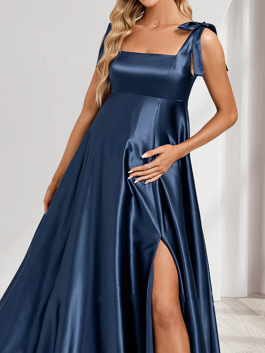 A-Line/Princess Square Neck Floor-Length Baby Shower Bridesmaid Dresses with Split Side & Pleats - Image 3