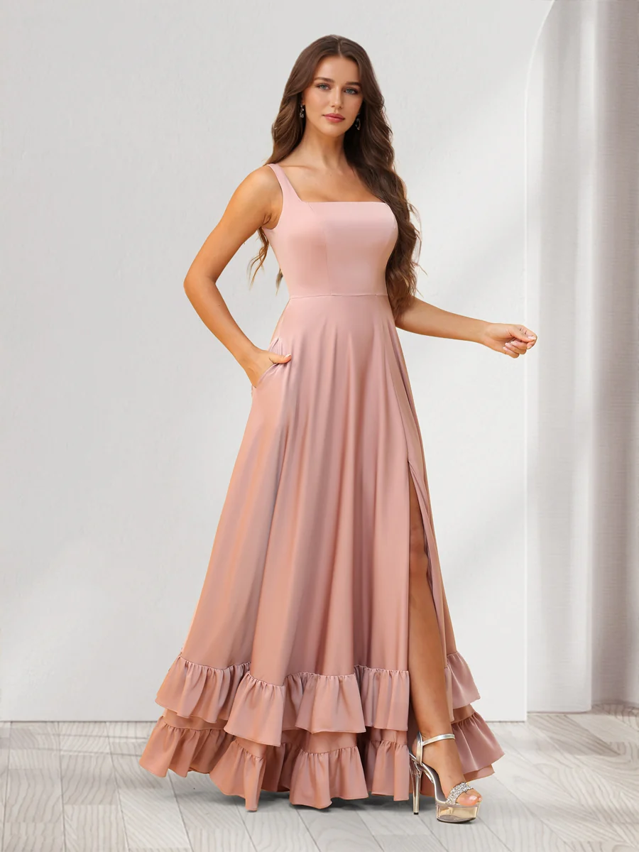 A-Line/Princess Square Neck Floor-Length Bridesmaid Dresses With Ruffles & Split Side - Image 5