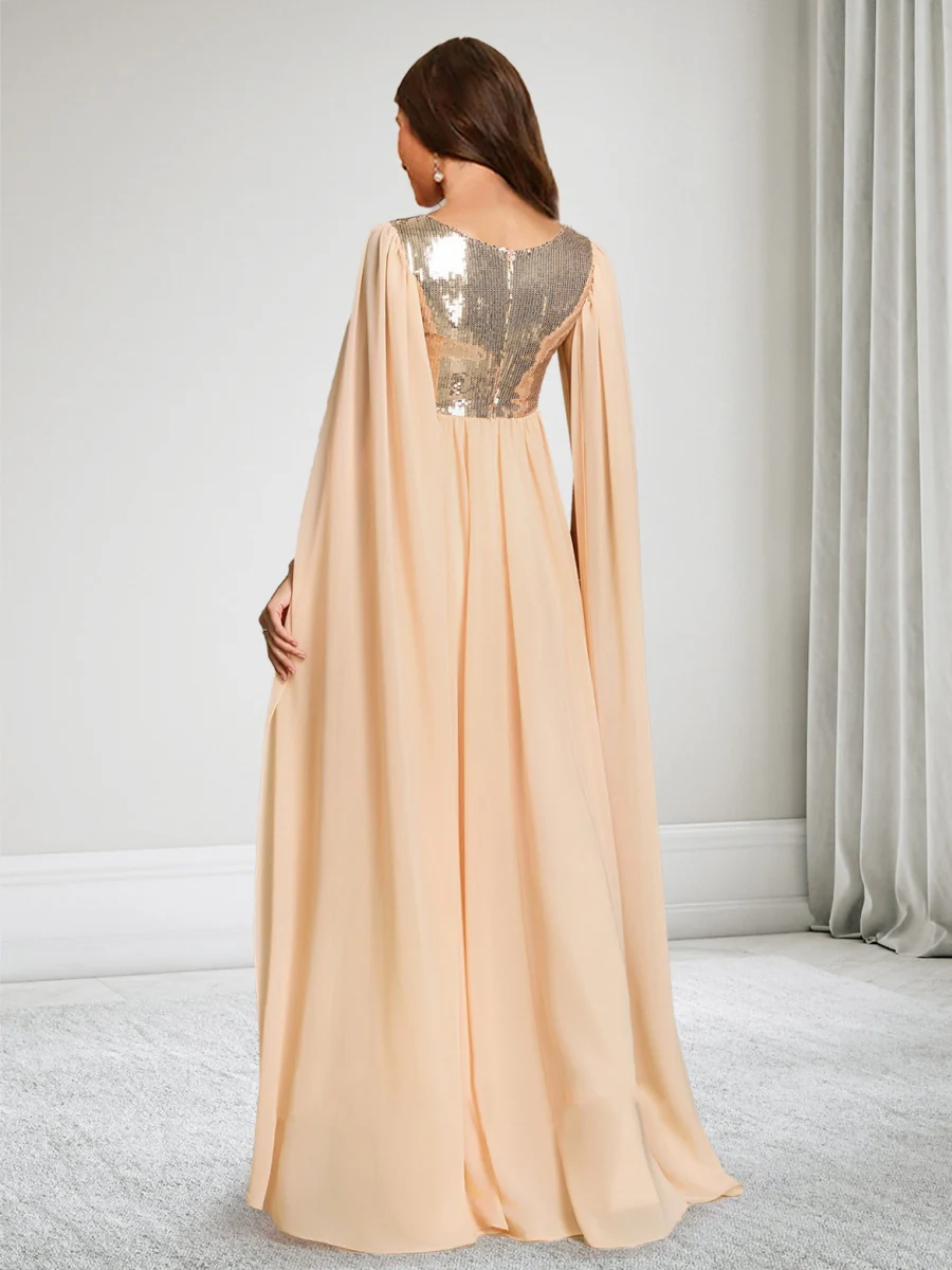 A-Line/Princess Square Neck Floor-Length Chiffon Baby Shower Wedding Guest Dresses with Cape & Sequins - Image 2