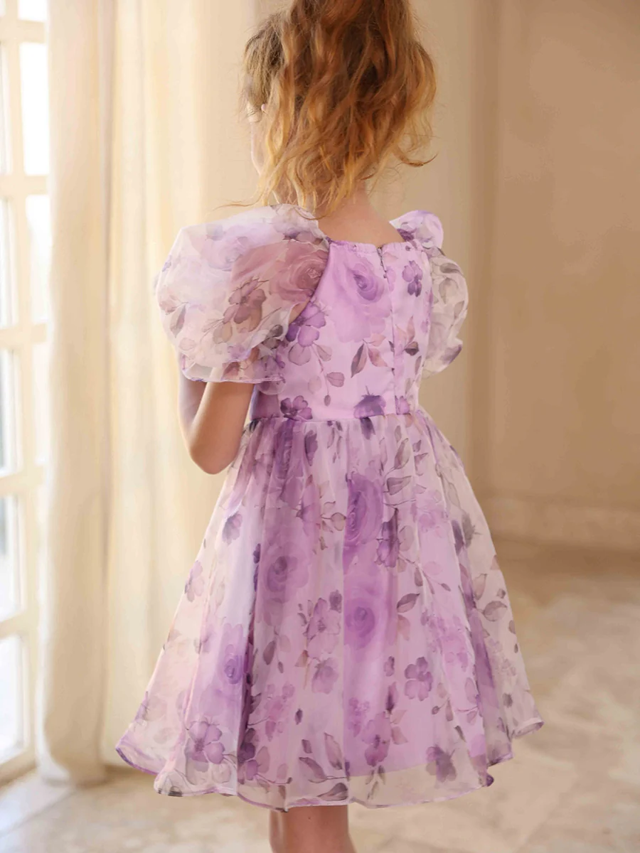 A-Line/Princess Square Neck Printed Floral Flower Girl Dresses with Puff Sleeves - Image 2