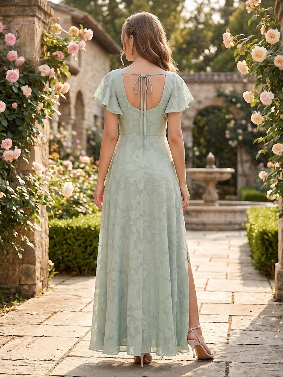 A-Line/Princess Square Neck Short Ruffle Sleeves Floral Bridesmaid Dresses with Split Side - Image 2