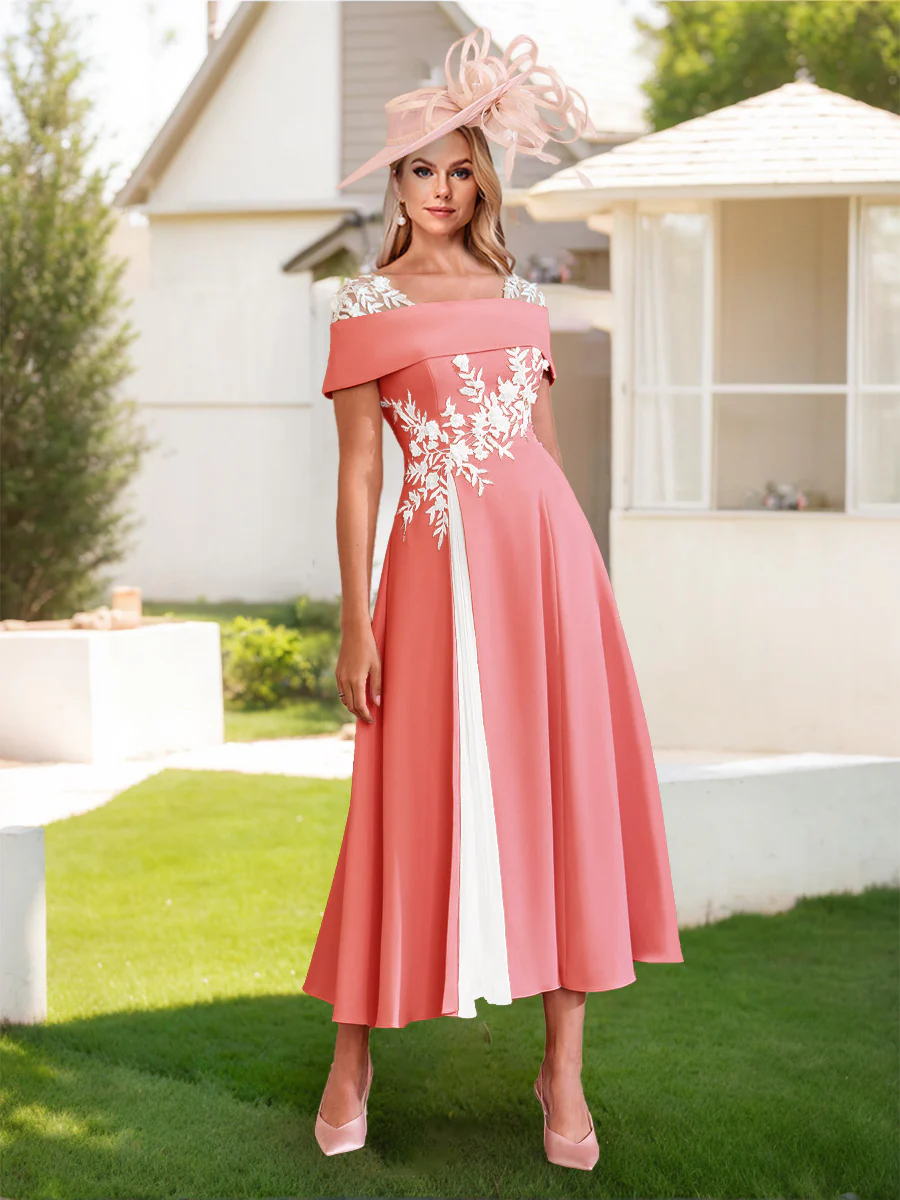 A-Line/Princess Square Neck Short Sleeves Pleated Wedding Guest Dresses with Appliques - Image 23