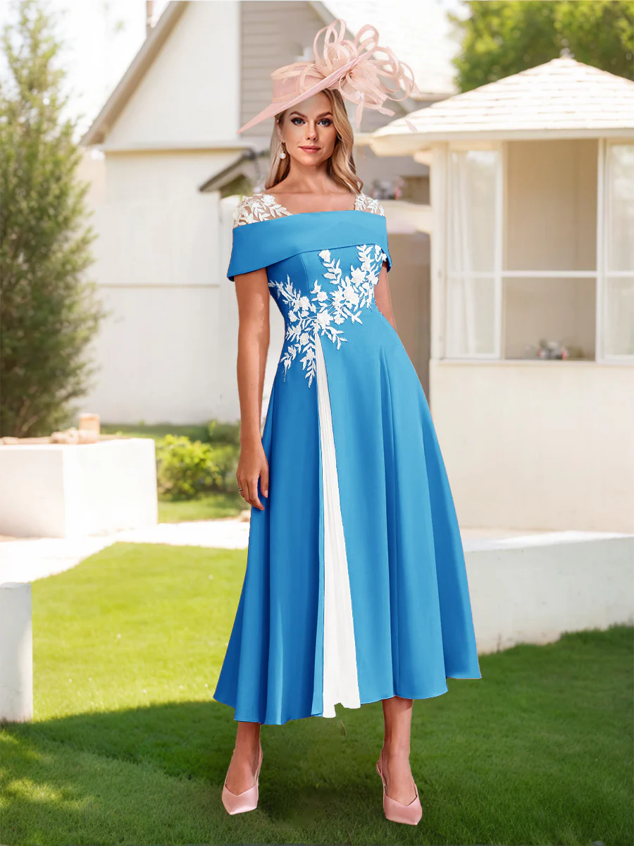 A-Line/Princess Square Neck Short Sleeves Pleated Wedding Guest Dresses with Appliques - Image 25