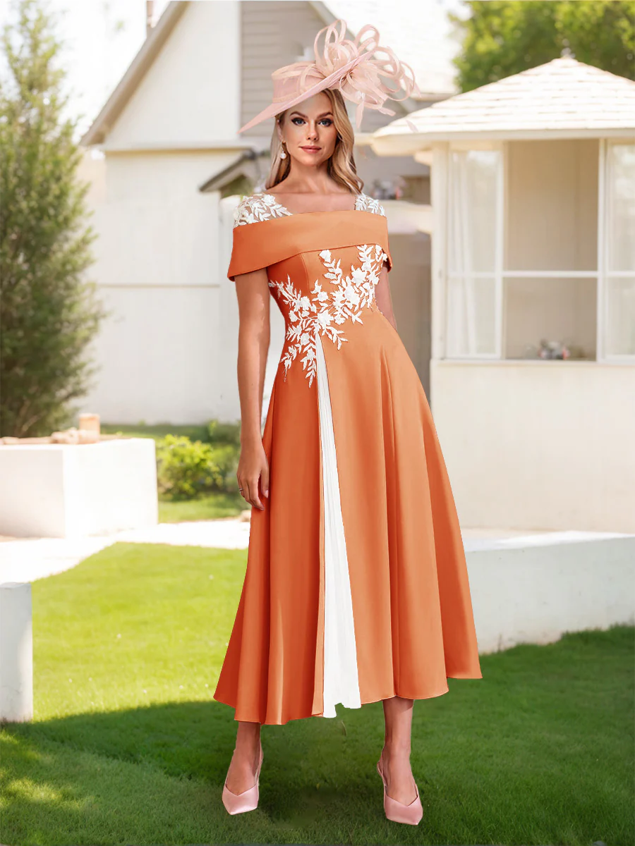 A-Line/Princess Square Neck Short Sleeves Pleated Wedding Guest Dresses with Appliques - Image 27