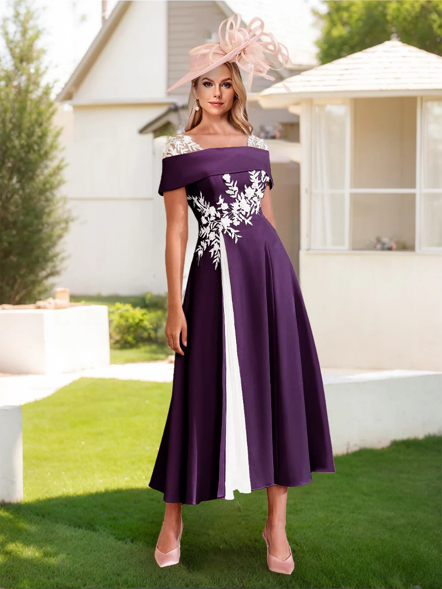 A-Line/Princess Square Neck Short Sleeves Pleated Wedding Guest Dresses with Appliques - Image 28