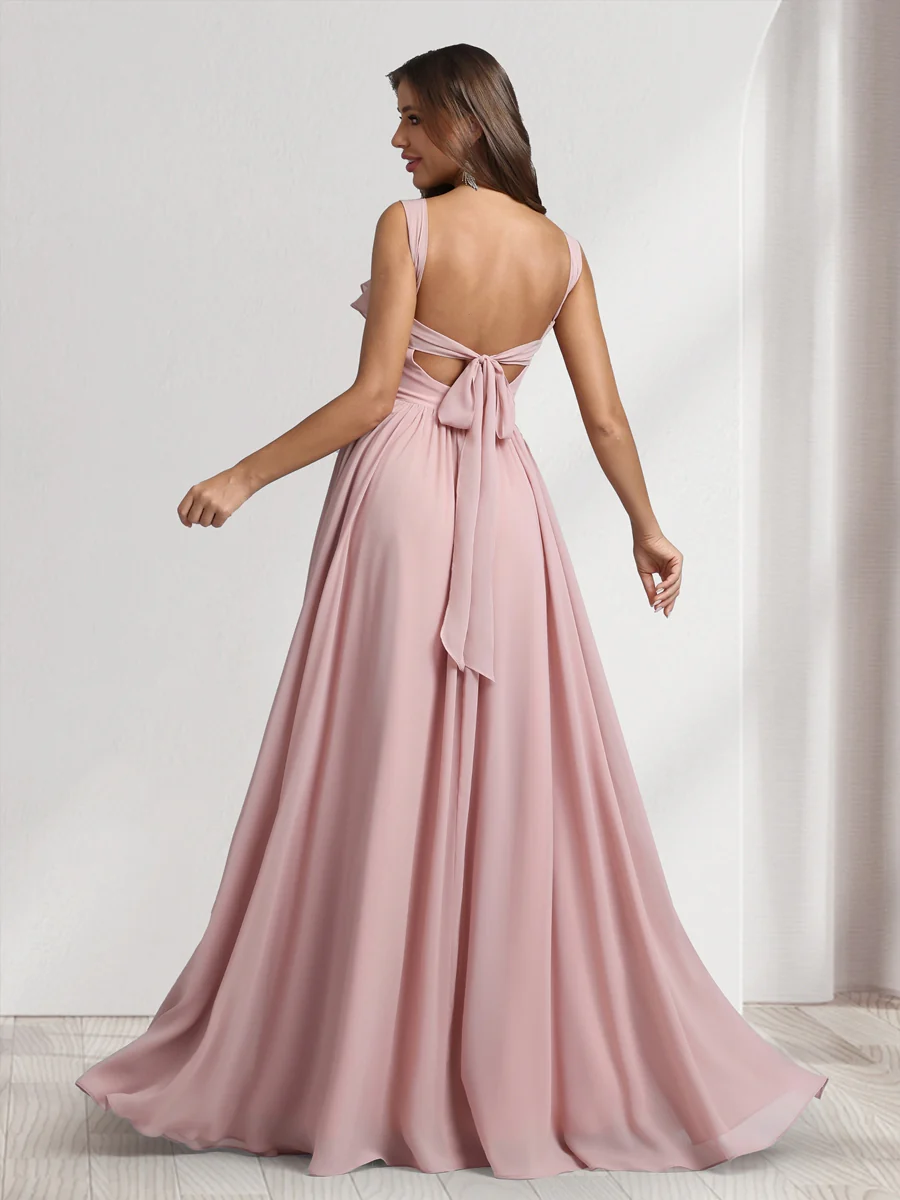 A-Line/Princess Square Neck Sleeveless Floor-Length Bridesmaid Dresses With Pleats & Ruffles - Image 2
