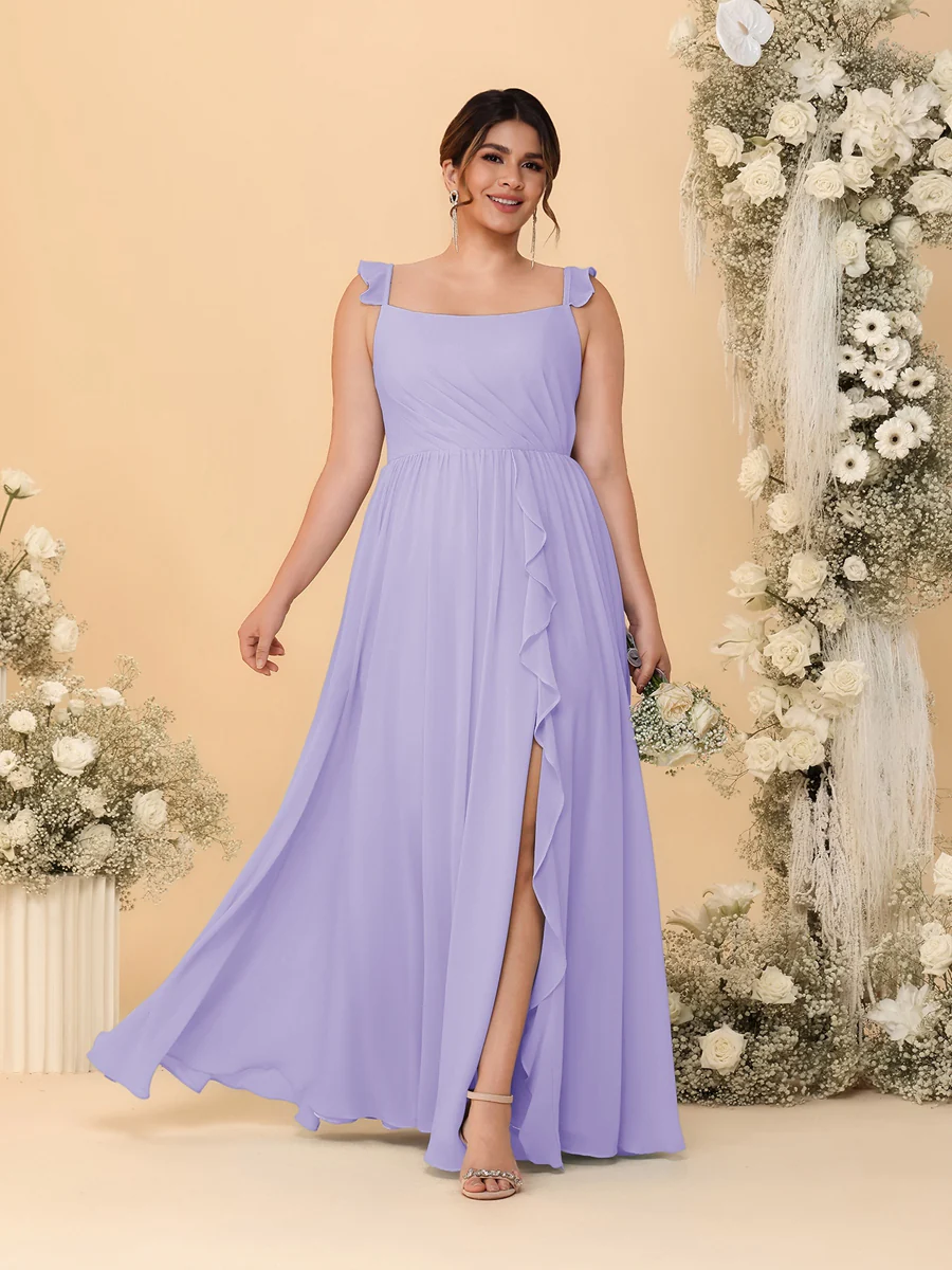 A-Line/Princess Square Neck Sleeveless Plus Size Bridesmaid Dresses With Side Slit & Ruffles - Image 38