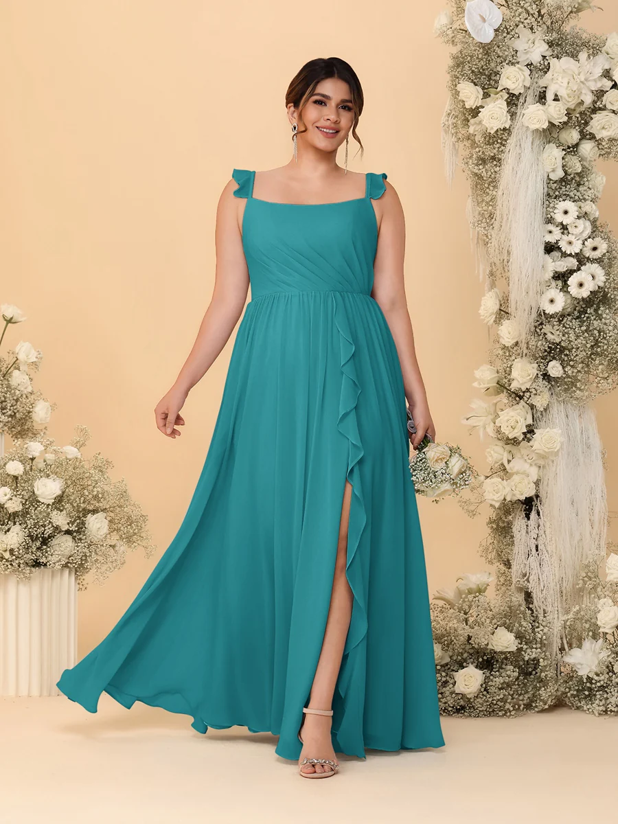 A-Line/Princess Square Neck Sleeveless Plus Size Bridesmaid Dresses With Side Slit & Ruffles - Image 5