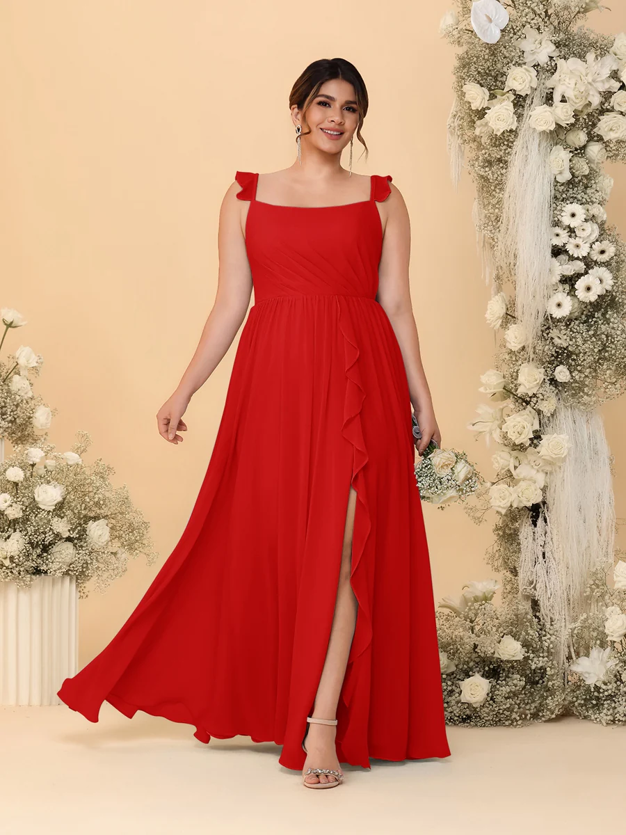 A-Line/Princess Square Neck Sleeveless Plus Size Bridesmaid Dresses With Side Slit & Ruffles - Image 56