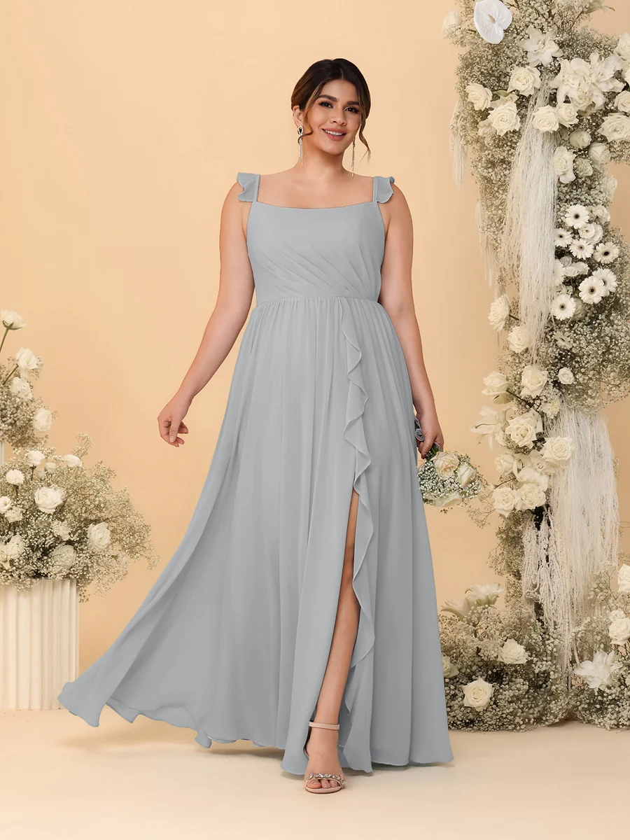 A-Line/Princess Square Neck Sleeveless Plus Size Bridesmaid Dresses With Side Slit & Ruffles - Image 61