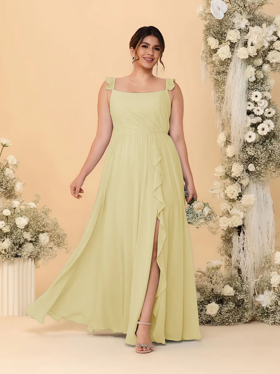 A-Line/Princess Square Neck Sleeveless Plus Size Bridesmaid Dresses With Side Slit & Ruffles - Image 73