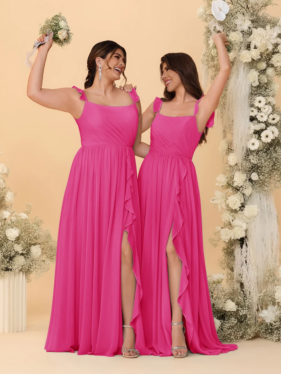 A-Line/Princess Square Neck Sleeveless Ruched Bridesmaid Dresses With Side Slit & Ruffles - Image 32