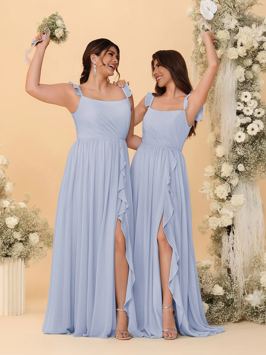 A-Line/Princess Square Neck Sleeveless Ruched Bridesmaid Dresses With Side Slit & Ruffles - Image 34