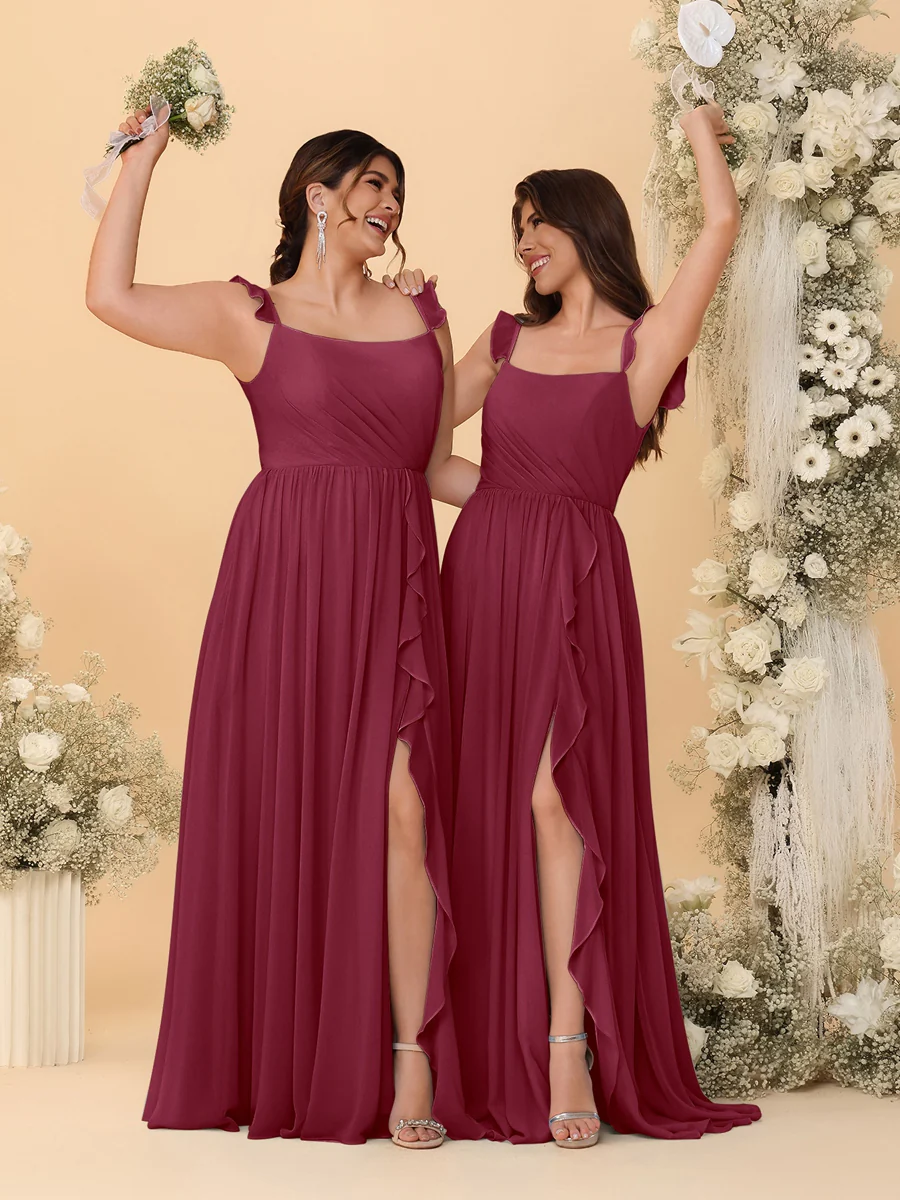 A-Line/Princess Square Neck Sleeveless Ruched Bridesmaid Dresses With Side Slit & Ruffles - Image 35