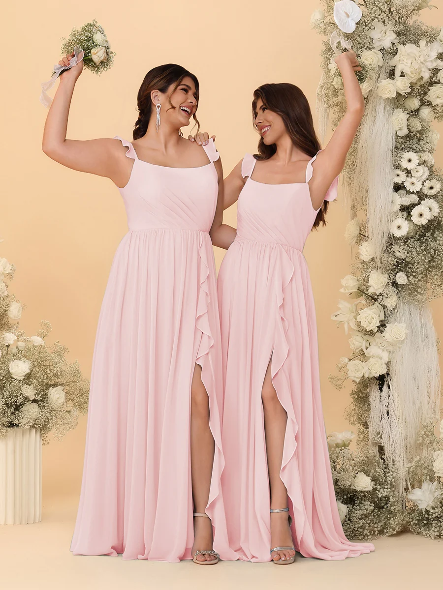 A-Line/Princess Square Neck Sleeveless Ruched Bridesmaid Dresses With Side Slit & Ruffles - Image 37