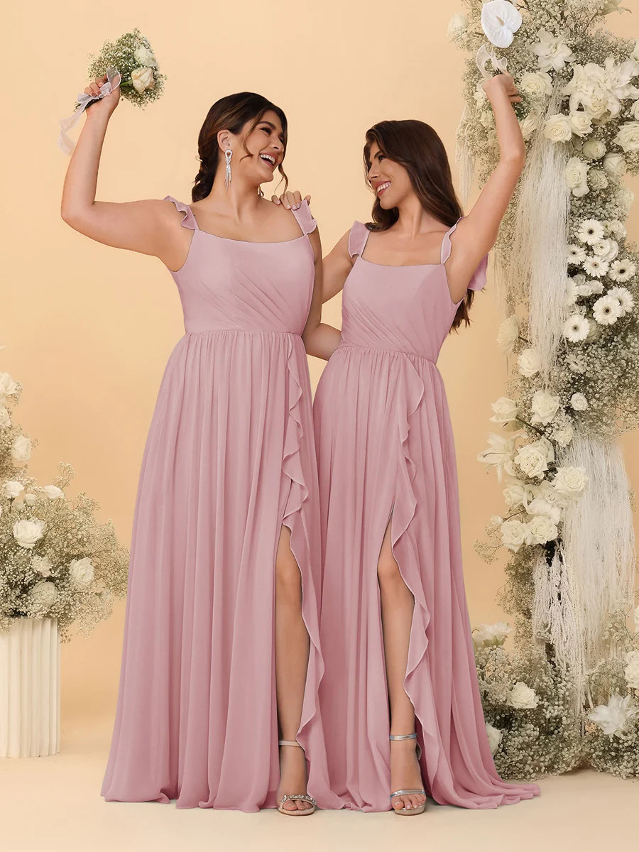 A-Line/Princess Square Neck Sleeveless Ruched Bridesmaid Dresses With Side Slit & Ruffles - Image 42