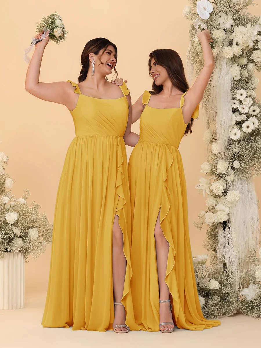 A-Line/Princess Square Neck Sleeveless Ruched Bridesmaid Dresses With Side Slit & Ruffles - Image 46
