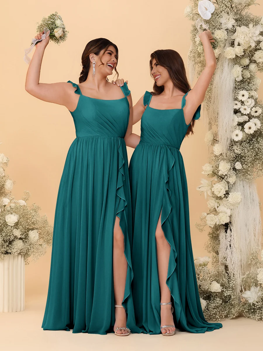 A-Line/Princess Square Neck Sleeveless Ruched Bridesmaid Dresses With Side Slit & Ruffles - Image 54