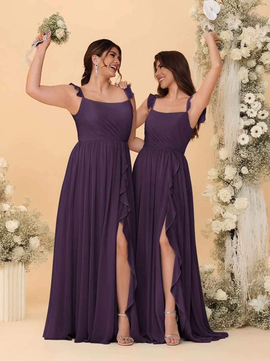 A-Line/Princess Square Neck Sleeveless Ruched Bridesmaid Dresses With Side Slit & Ruffles - Image 57