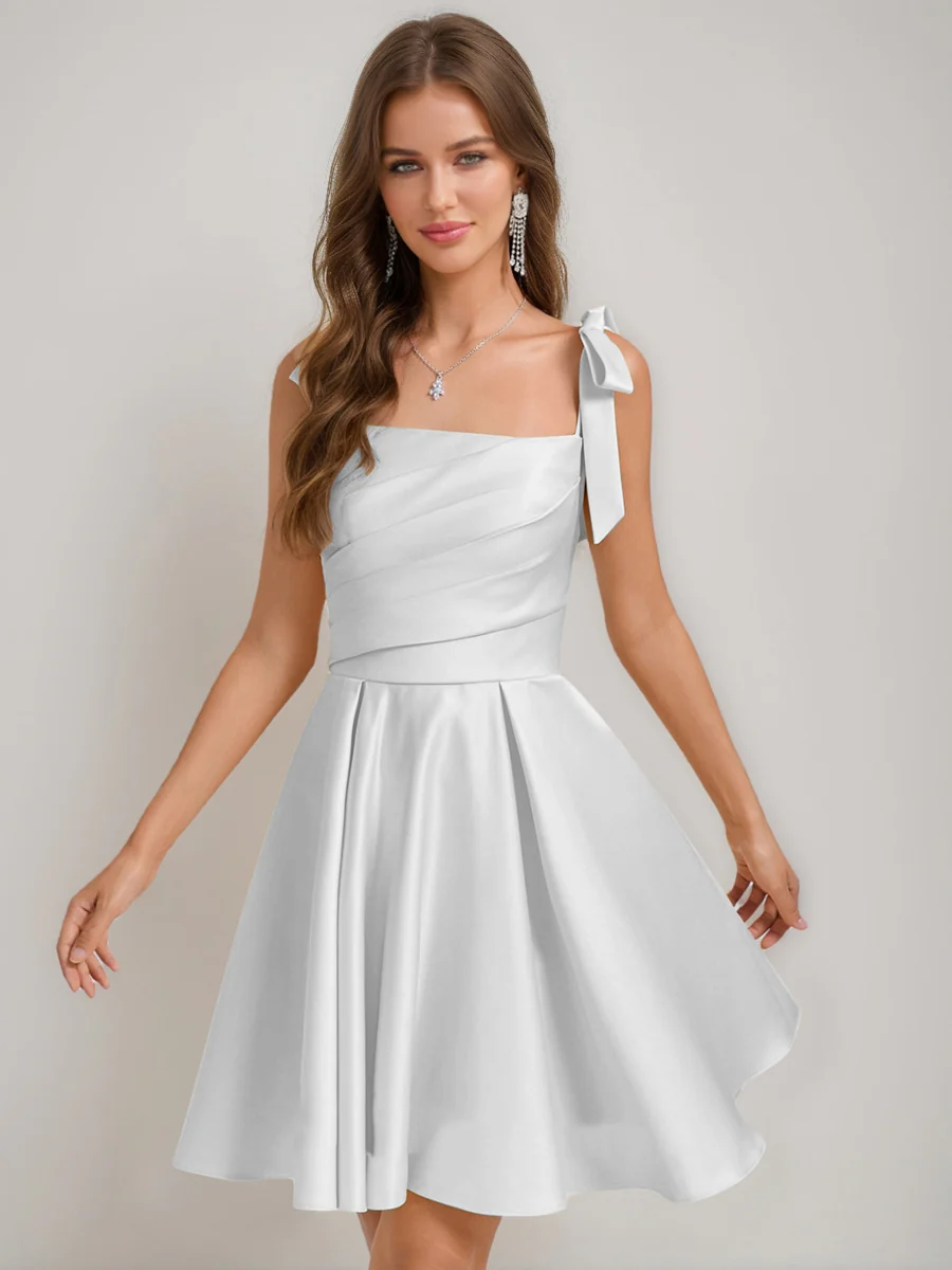 A-Line/Princess Square Pleated Mini Dresses Short Homecoming Dresses with Bow(s) - Image 13
