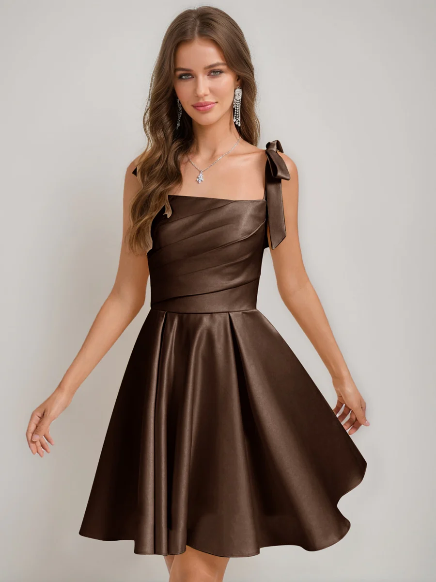 A-Line/Princess Square Pleated Mini Dresses Short Homecoming Dresses with Bow(s) - Image 17