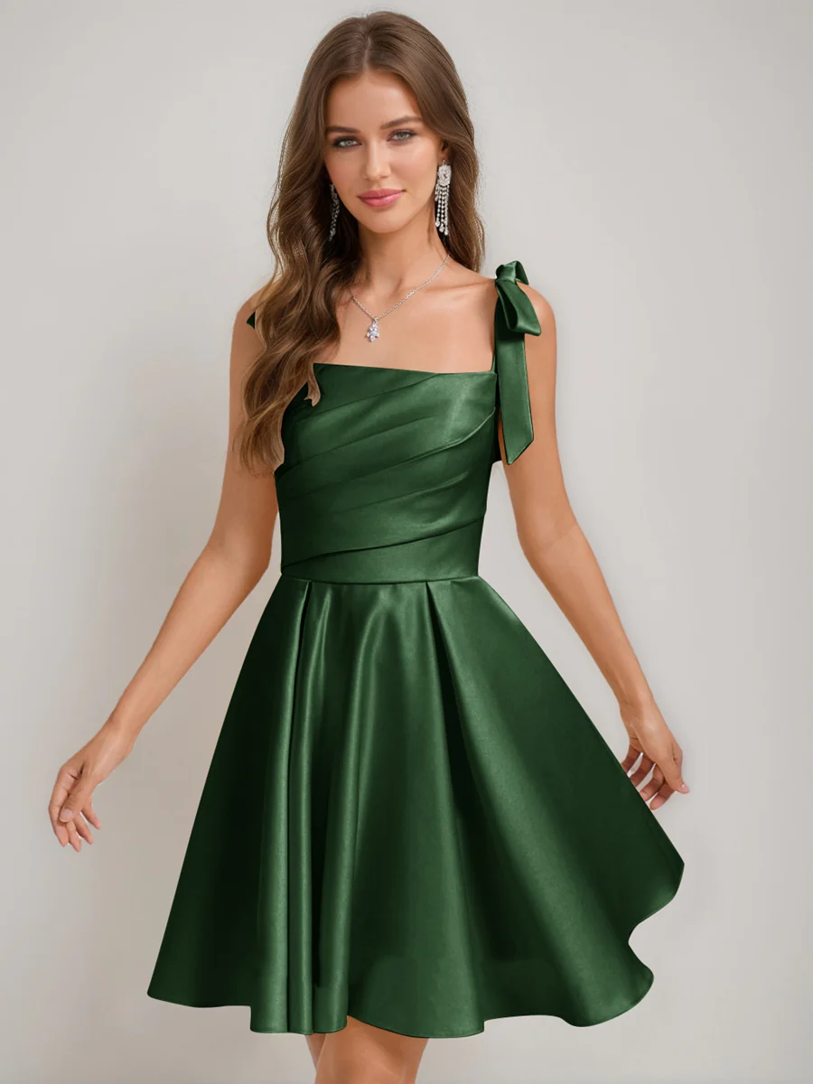 A-Line/Princess Square Pleated Mini Dresses Short Homecoming Dresses with Bow(s) - Image 22
