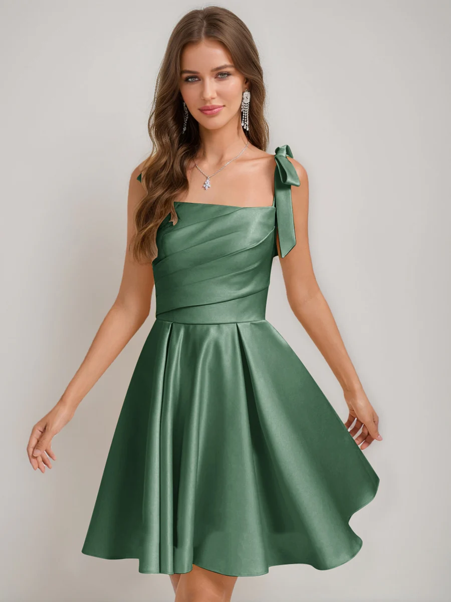 A-Line/Princess Square Pleated Mini Dresses Short Homecoming Dresses with Bow(s) - Image 29