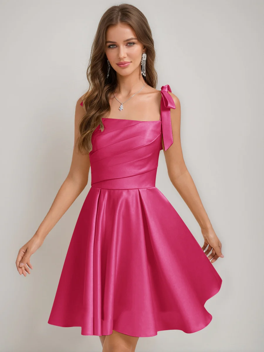 A-Line/Princess Square Pleated Mini Dresses Short Homecoming Dresses with Bow(s) - Image 30