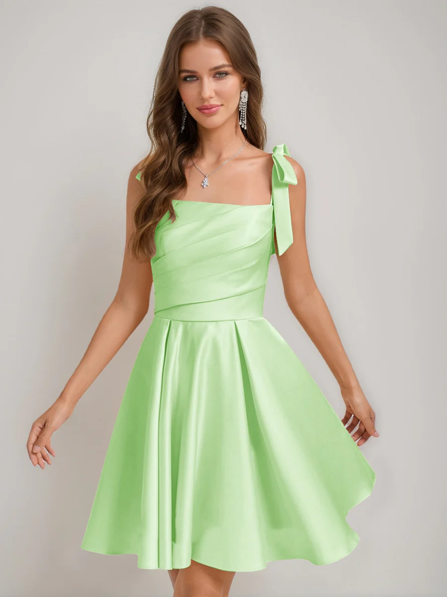 A-Line/Princess Square Pleated Mini Dresses Short Homecoming Dresses with Bow(s) - Image 45