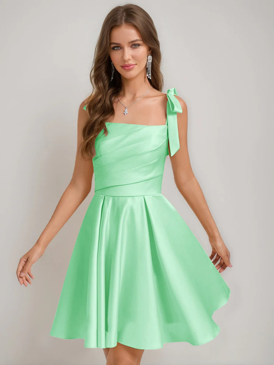 A-Line/Princess Square Pleated Mini Dresses Short Homecoming Dresses with Bow(s) - Image 46
