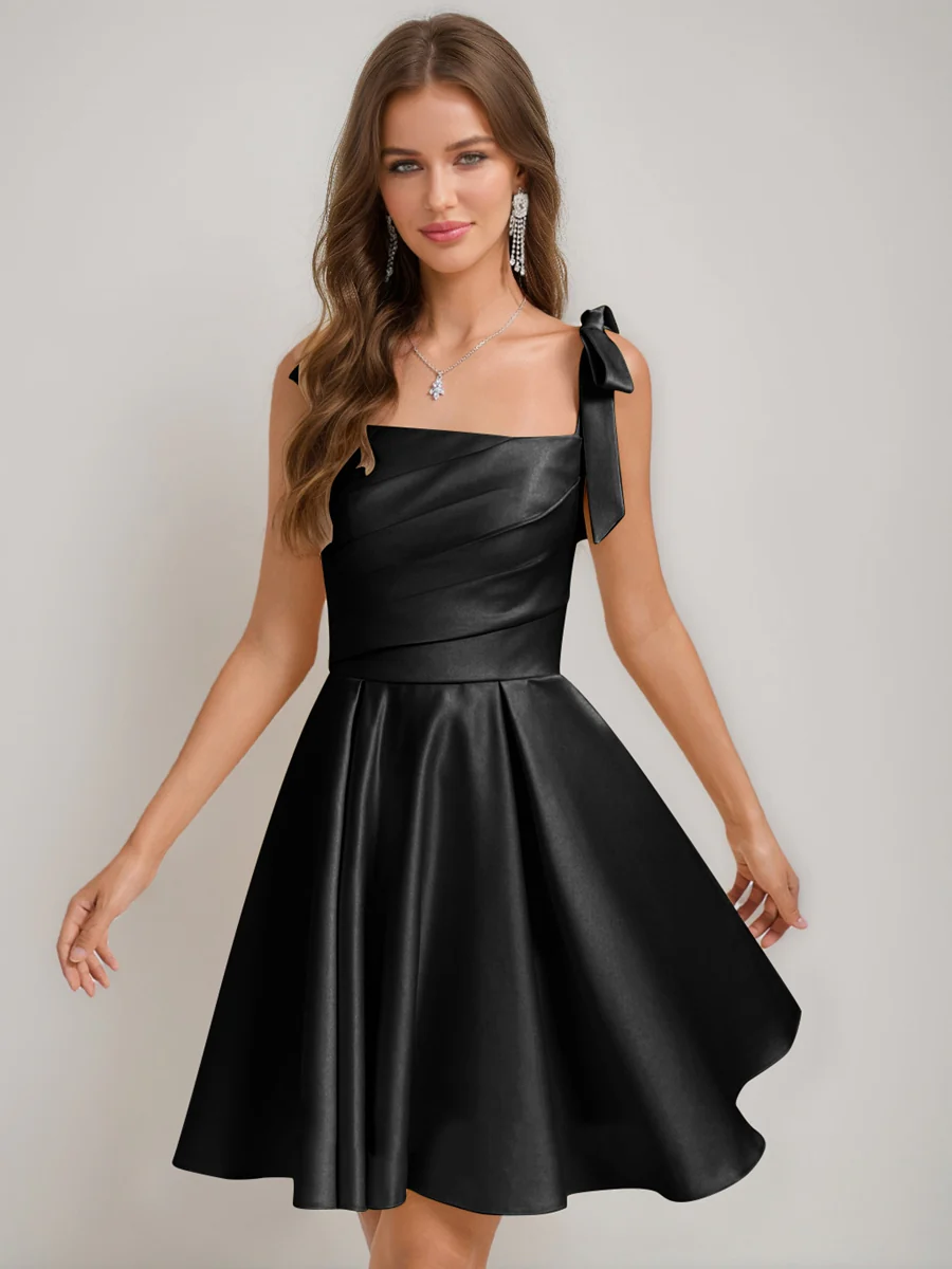 A-Line/Princess Square Pleated Mini Dresses Short Homecoming Dresses with Bow(s) - Image 5