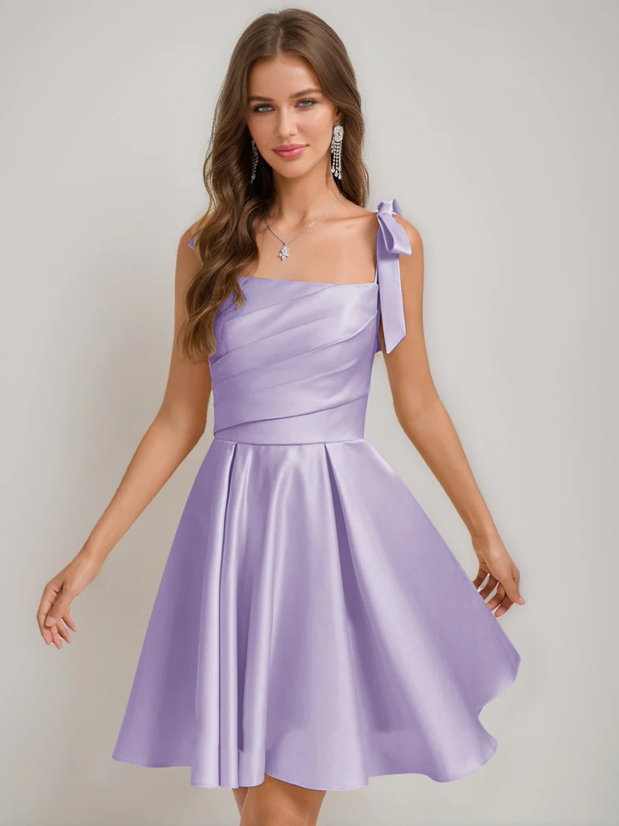 A-Line/Princess Square Pleated Mini Dresses Short Homecoming Dresses with Bow(s) - Image 9