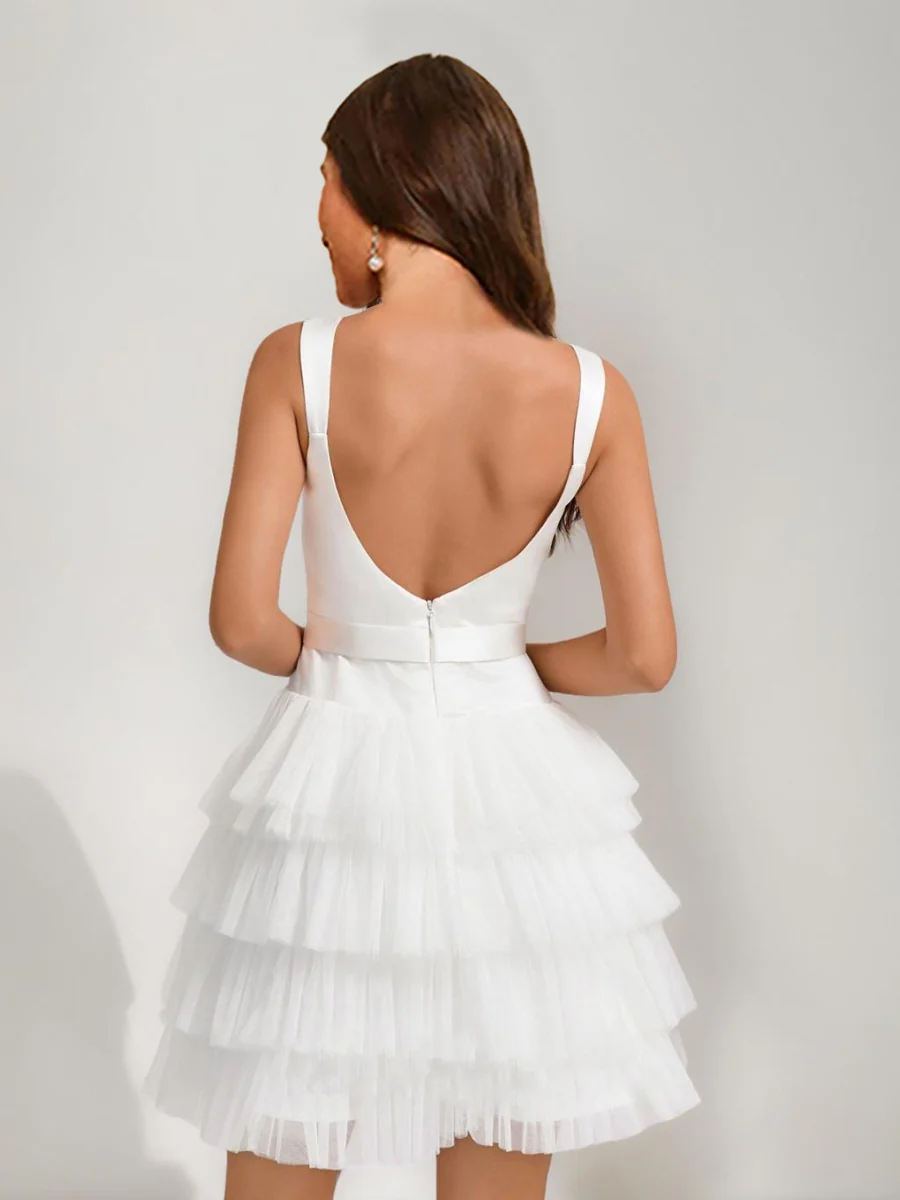 A-Line/Princess Square Sleeveless Tiered Short Homecoming Dresses with Bow - Image 2