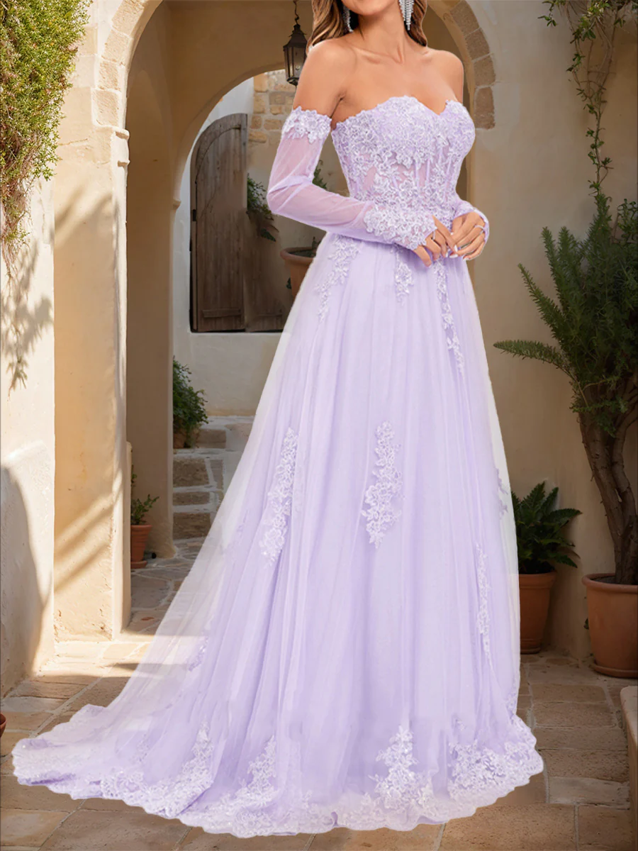A-Line/Princess Strapless Long Sleeves Lace Prom Dresses - Image 3